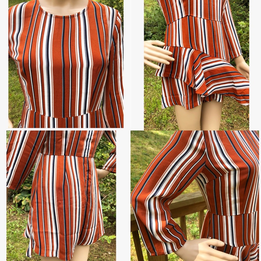 . Nordstrom Lush Rust Orange Striped Asymmetrical Long Sleeve Ruffle Romper - Picture 10 of 15
